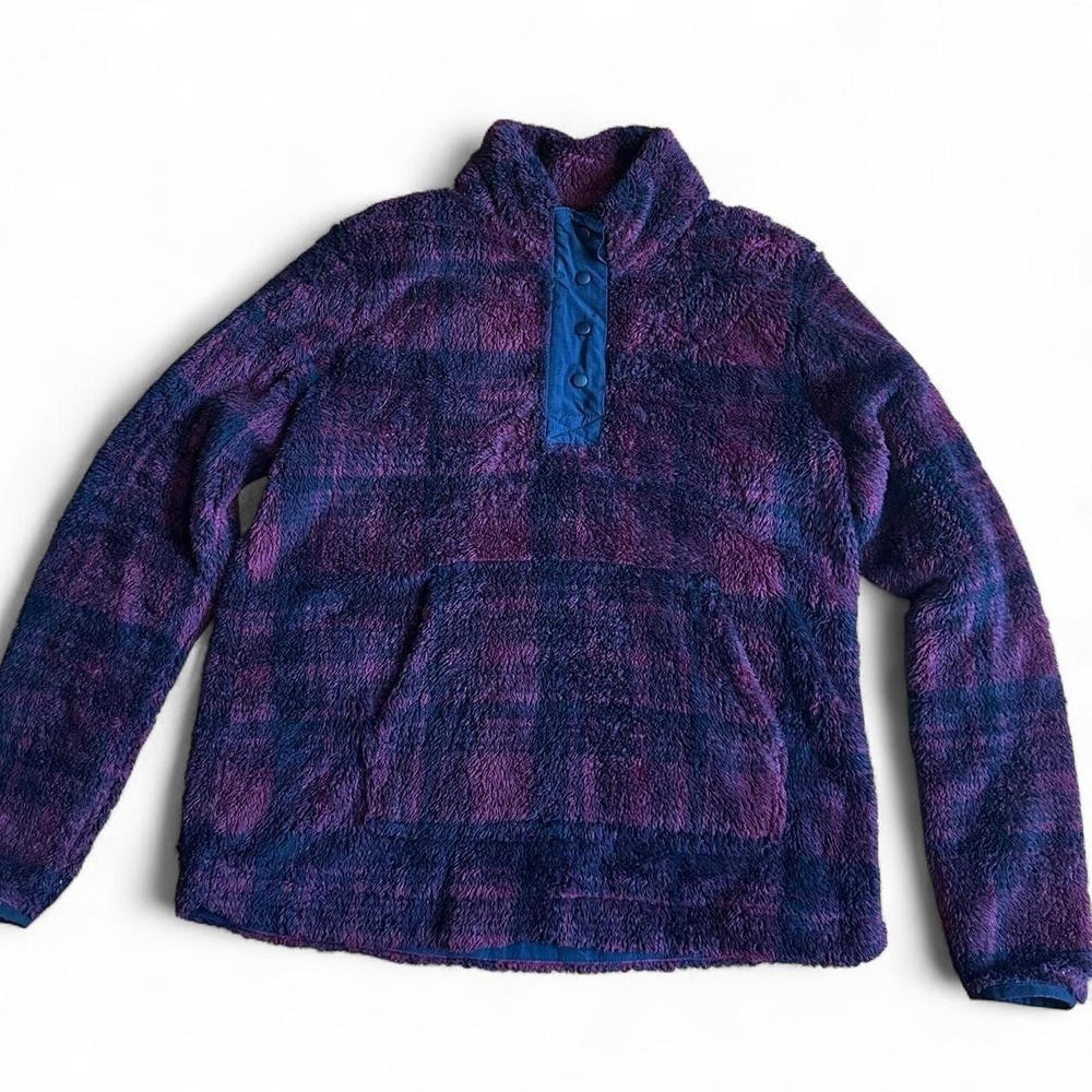 Eddie Bauer Womens Burgundy Plaid Sherpa Fleece Snap Pullover Large